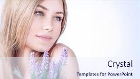  Presentation with cosmetics natural - Amazing slides having purple - beautiful woman at spa closeup backdrop and a sky blue colored foreground