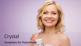  Presentation with aged - Presentation theme consisting of purple background - happy middle aged woman background and a light blue colored foreground