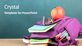  Presentation with purple green - Presentation design consisting of purple backpack with school supplies background and a teal colored foreground