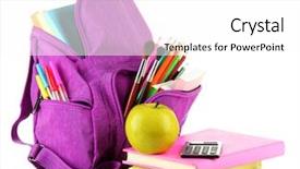  Presentation with school budget orange - PPT theme enhanced with purple backpack with school supplies background and a white colored foreground