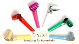  Presentation with party - Colorful presentation enhanced with blowout - party blowers isolated on white backdrop and a cream colored foreground