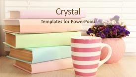  Presentation with blank note book and wooden - Beautiful slide deck featuring purple blue - books cup and plant backdrop and a cream colored foreground