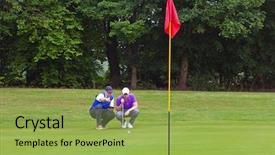  Presentation with professional - Presentation theme featuring purple flag - professional golfer and his caddy background and a yellow colored foreground