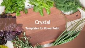  Presentation with herbs on wood - Presentation theme consisting of purple green - fresh garden herbs on wooden background and a  colored foreground