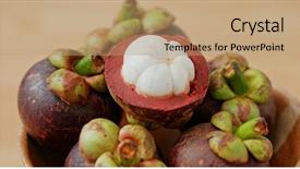  Presentation with mangosteen - PPT theme enhanced with purple mangosteen on wooden table background and a coral colored foreground