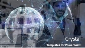  Presentation with connected world - Amazing PPT theme having purple map - digital composite of man being backdrop and a ocean colored foreground