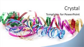  Presentation with party - Amazing slide set having purple party - colorful streamers on white background backdrop and a white colored foreground