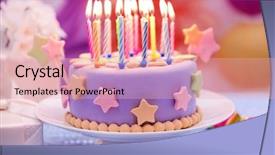  Presentation with birthday cake - PPT theme consisting of purple party - delicious birthday cake on table background and a  colored foreground