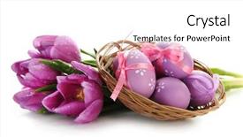  Presentation with easter basket - Colorful PPT theme enhanced with purple ribbon - bright easter eggs in basket backdrop and a white colored foreground