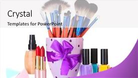  Presentation with cosmetics - Theme consisting of purple ribbon - make-up brushes in cup background and a  colored foreground