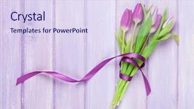  Presentation with tulips - Slide set with purple tulips bouquet on wooden background and a sky blue colored foreground