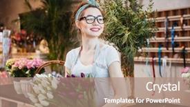  Presentation with flower woman - Theme featuring purple tulips in flower shop background and a coral colored foreground