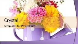  Presentation with purple flowers - Slides enhanced with purple watering can with white polka-dot with flowers isolated on white background and a yellow colored foreground