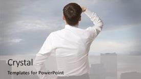  Presentation with businessman standing on mountain top - Slide deck consisting of purpose - businessman standing over skyscraper background and a light gray colored foreground