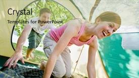  Presentation with tent - Audience pleasing slides consisting of pursue - couple climbing into tent backdrop and a mint green colored foreground