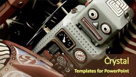  Presentation with robot - Colorful slide deck enhanced with pursue - retro robot toys backdrop and a tawny brown colored foreground