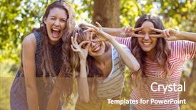  Presentation with selfie - Theme having happy friends taking a selfie on a summers day background and a coral colored foreground