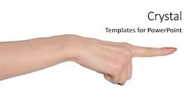  Presentation with mobile phone in woman hand - Beautiful slide deck featuring push button - woman hand pointing side closeup backdrop and a white colored foreground