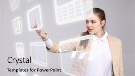  Presentation with multimedia - Beautiful slide deck featuring push button - woman pressing multimedia and entertainment backdrop and a light gray colored foreground