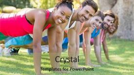  Presentation with small group - Audience pleasing PPT theme consisting of push ups - portrait of group of friends backdrop and a mint green colored foreground