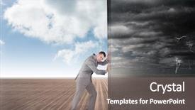  Presentation with composite - Cool new theme with fog computing - composite image of businessman pushing backdrop and a gray colored foreground