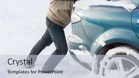  Presentation with stuck - Audience pleasing PPT theme consisting of pushing car stuck in snow backdrop and a light blue colored foreground