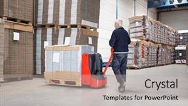  Presentation with worker - Cool new presentation theme with pushing handtruck loaded with goods backdrop and a light gray colored foreground