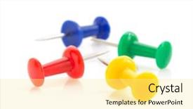  Presentation with 3d white people pushing - Slides consisting of pushpins - pushpin isolated on white background background and a blonde colored foreground