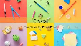  Presentation with texture - PPT theme with pushpins - school supplies at abstract colorful background and a yellow colored foreground