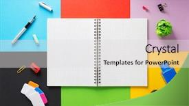  Presentation with school - Presentation theme enhanced with pushpins - school supplies at abstract colorful background and a light gray colored foreground