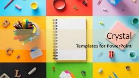  Presentation with colorful abstract movable - Theme featuring pushpins - school supplies at abstract colorful background and a yellow colored foreground