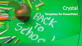  Presentation with back to school clothing - Presentation theme having pushpins - school supplies on green chalkboard background and a shamrock green colored foreground