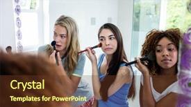  Presentation with makeup - Colorful presentation enhanced with put - three smiling friends putting makeup backdrop and a tawny brown colored foreground