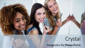  Presentation with makeup brushes and make up - Presentation theme having put - three smiling friends putting makeup background and a light blue colored foreground
