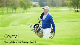  Presentation with granddaughter walking senior - Presentation enhanced with putter - senior man in casualwear walking background and a yellow colored foreground