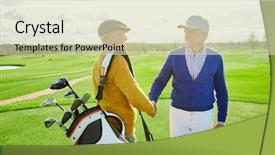  Presentation with golf player playing - Presentation having putter - two friendly mature golf players background and a soft green colored foreground