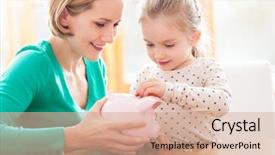  Presentation with bank - PPT theme featuring putting coins into piggy bank background and a coral colored foreground