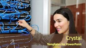  Presentation with server administrator - Colorful slides enhanced with putting data work - female administrator at server room backdrop and a  colored foreground