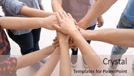  Presentation with people unity - Audience pleasing presentation theme consisting of putting hands together as symbol backdrop and a coral colored foreground