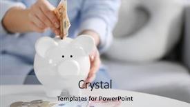  Presentation with emoney money traffic concept closeup - Amazing slide deck having putting money into piggy bank backdrop and a light gray colored foreground