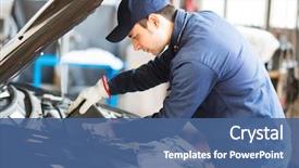  Presentation with car engine - Amazing PPT theme having putting oil in a car backdrop and a ocean colored foreground