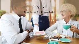  Presentation with pink business - Amazing slide set having cheerful excited multi-ethnic colleagues sitting at table and drinking coffee while eating tasty desserts at business lunch waitress putting plate with pink cake on table backdrop and a coral colored foreground