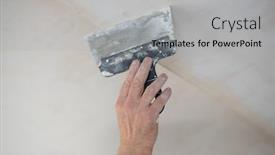  Presentation with home improvement - Colorful presentation enhanced with putty-knife-in-male-hand backdrop and a light gray colored foreground