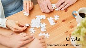  Presentation with seniors - Audience pleasing presentation theme consisting of puzle - wrinkled hands of seniors backdrop and a coral colored foreground
