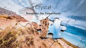  Presentation with windmill - Colorful slide deck enhanced with puzzle-made-of-beautiful-landscape backdrop and a light blue colored foreground