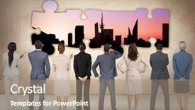  Presentation with design team - PPT theme having puzzle orange - business team against cityscape design background and a coral colored foreground