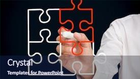  Presentation with meet work team - Slides having puzzle orange - smiling designer using his tablet background and a navy blue colored foreground