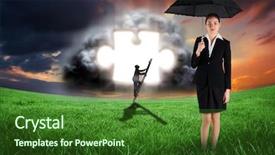  Presentation with under umbrella - Presentation theme enhanced with puzzle piece shadows - young businesswoman holding umbrella background and a forest green colored foreground