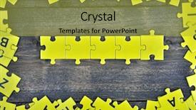  Presentation with puzzly pieces flying in - Colorful PPT layouts enhanced with puzzle pieces on wooden table backdrop and a gold colored foreground