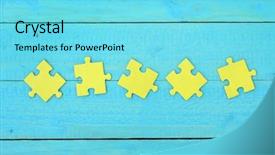  Presentation with puzzle pieces flying - Presentation design with puzzle pieces on wooden table background and a arctic colored foreground